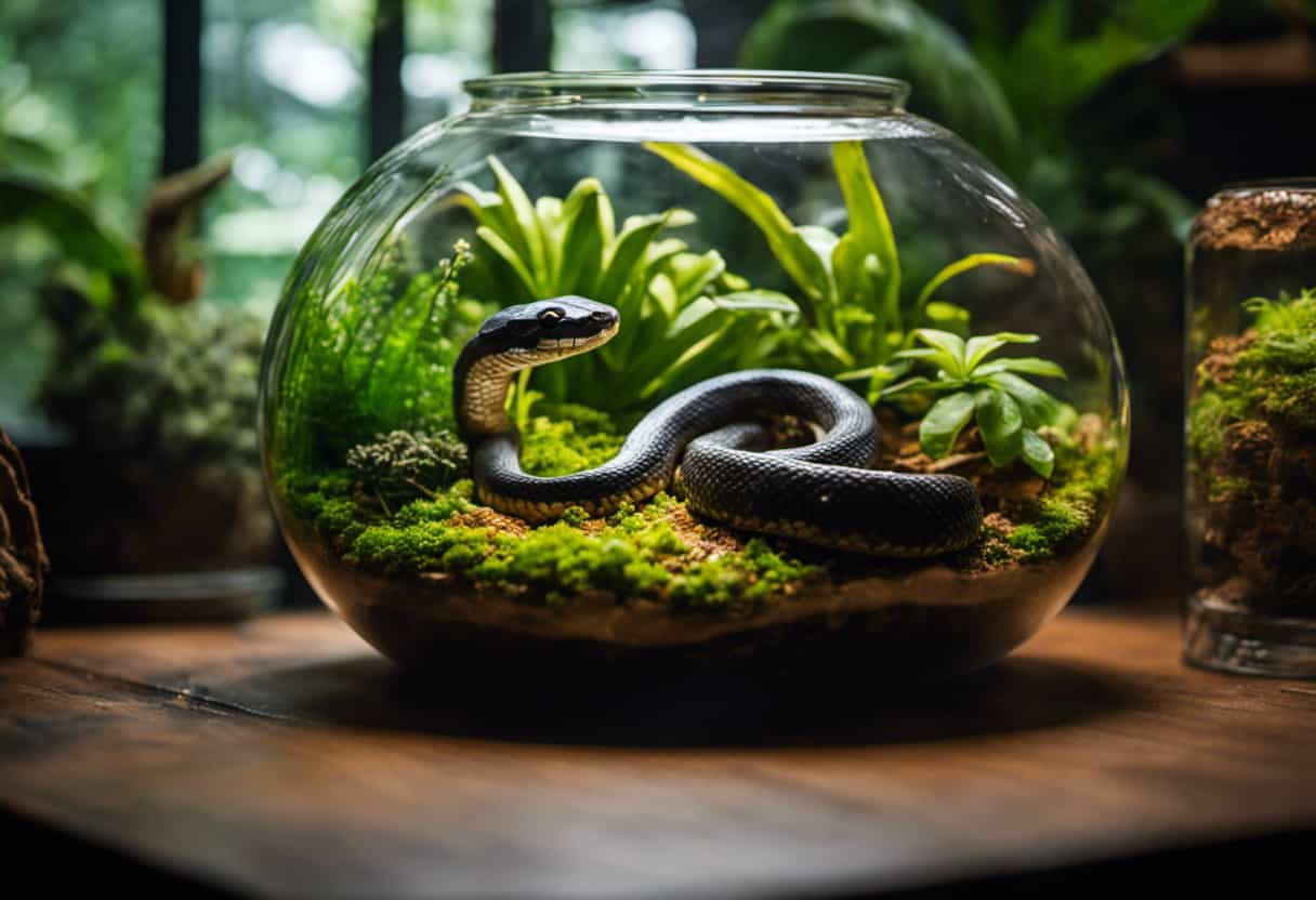 An image depicting a vibrant terrarium with a bored-looking snake amidst a monotonous setup