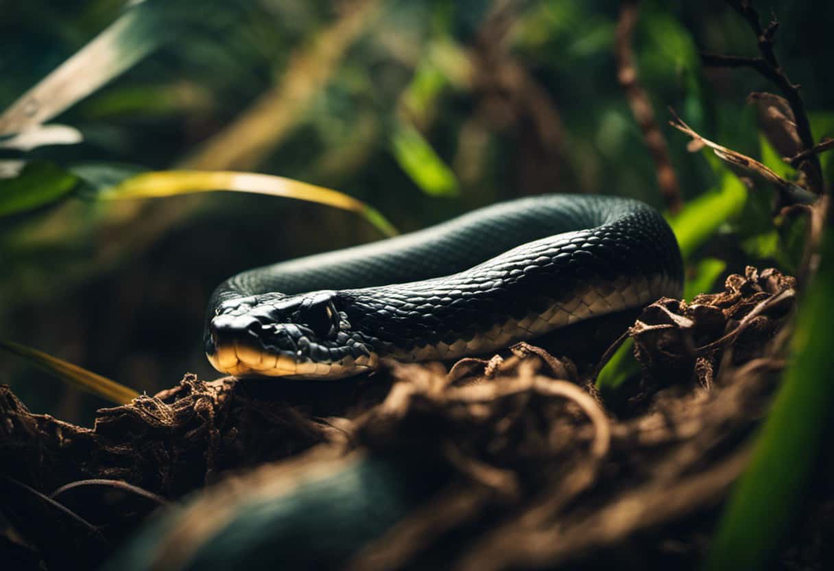 An image showing a snake in its enclosure, surrounded by cluttered and noisy surroundings