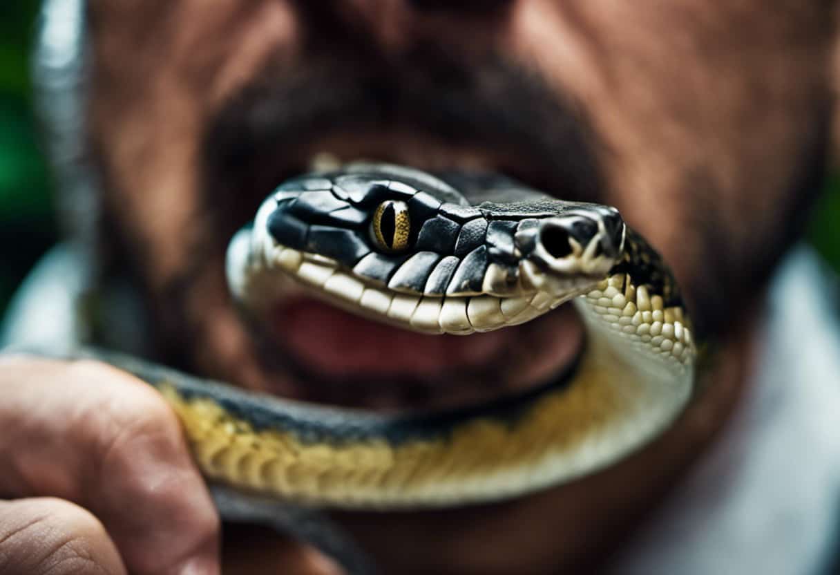 An image showcasing a close-up of a snake's mouth with a concerned expression, while a veterinarian gently examines its teeth, highlighting the significance of veterinary care in resolving eating issues