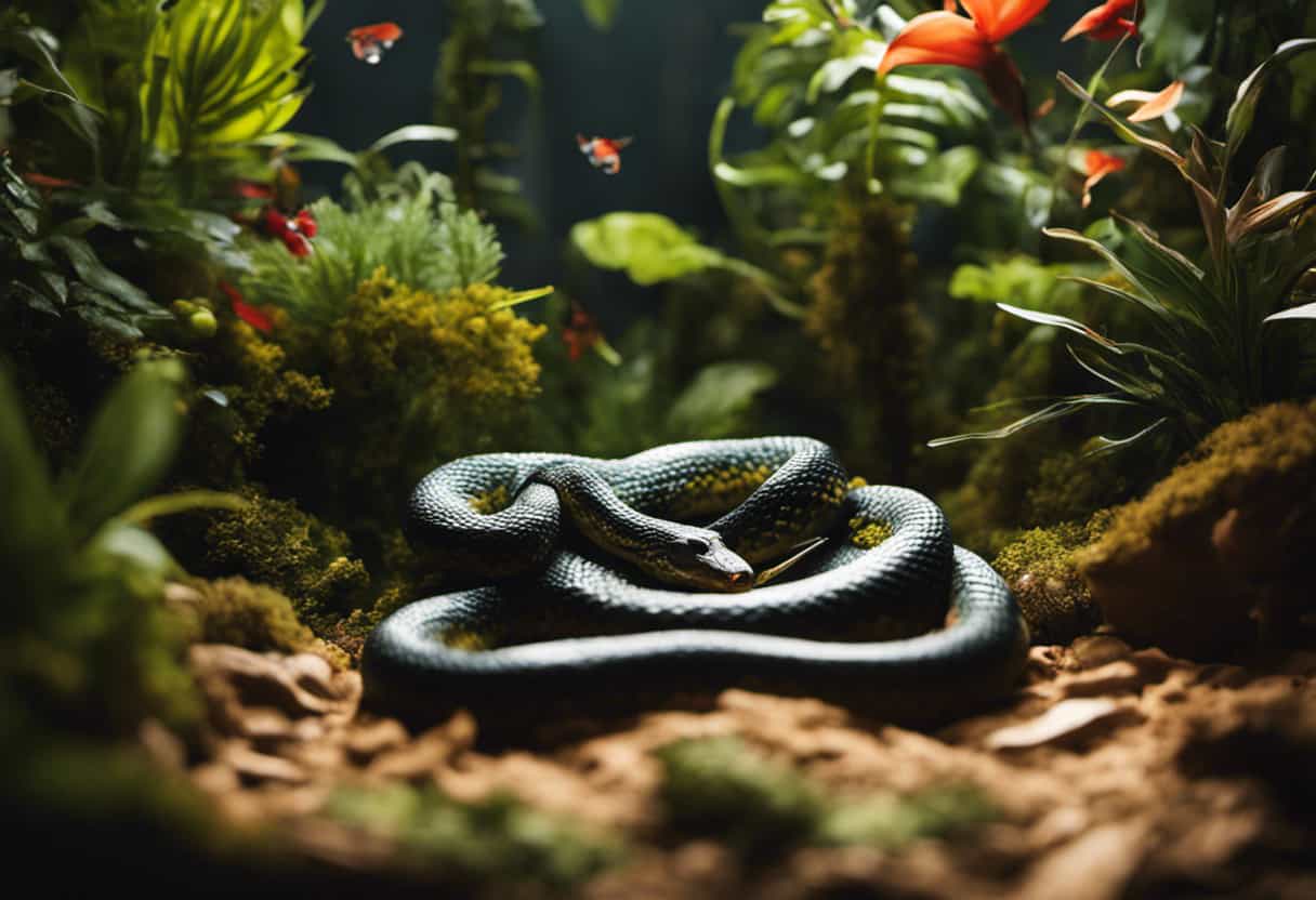 An image showcasing a snake enclosure with vibrant, realistic artificial plants, a variety of hiding spots, branches for climbing, and a puzzle feeder filled with mice - all designed to provide enrichment and stimulate your snake's appetite