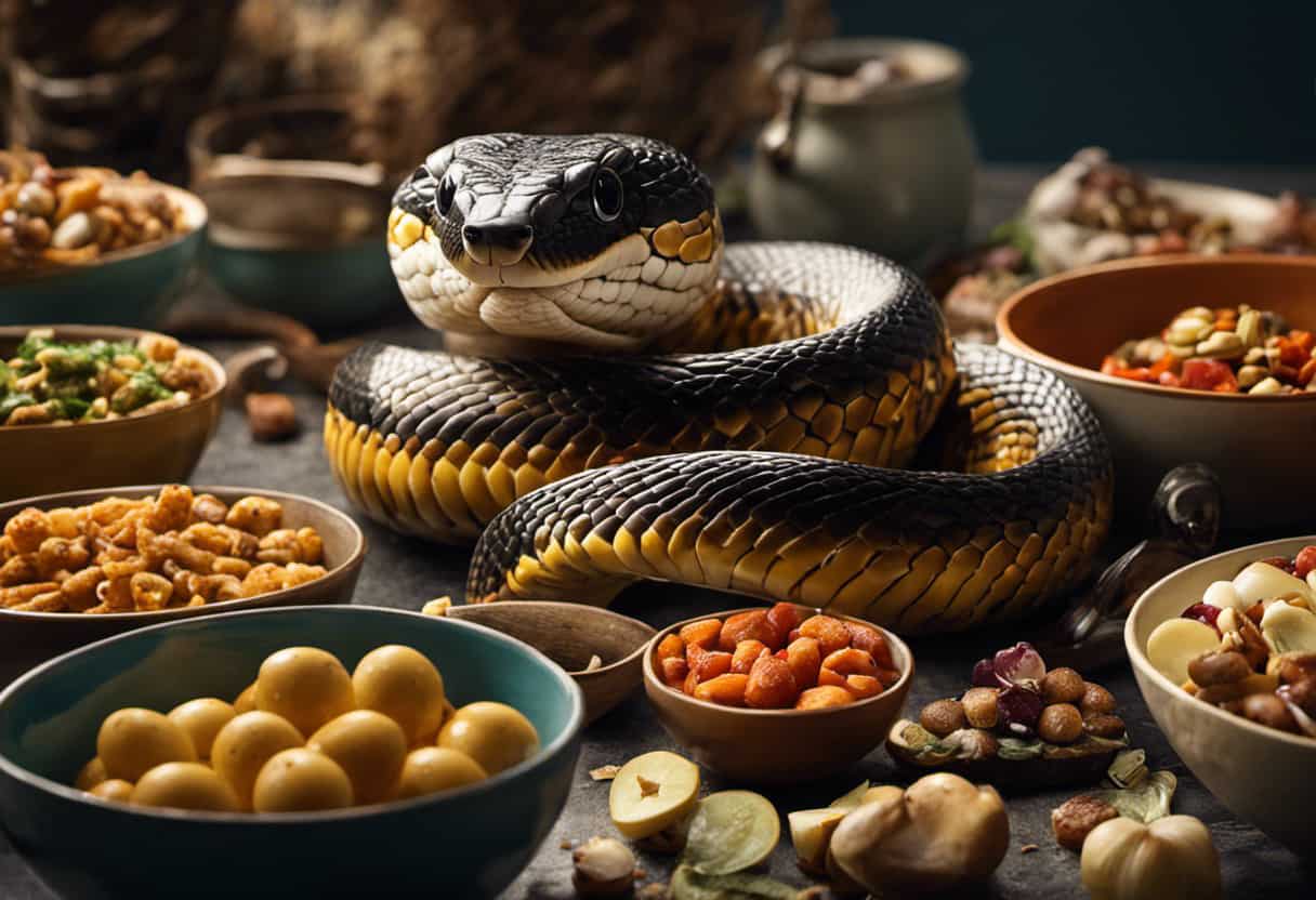 An image depicting a snake coiled around an untouched mouse, surrounded by scattered bowls of various foods