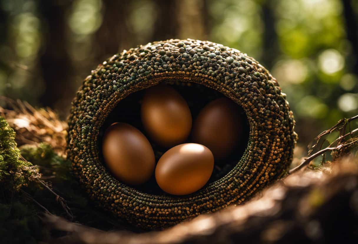 An image of a vibrant Indian Egg-Eater, featuring its slender body adorned with intricate patterns of earthy brown, cream, and olive green scales, gracefully coiled around a clutch of delicate eggs in a lush forest setting