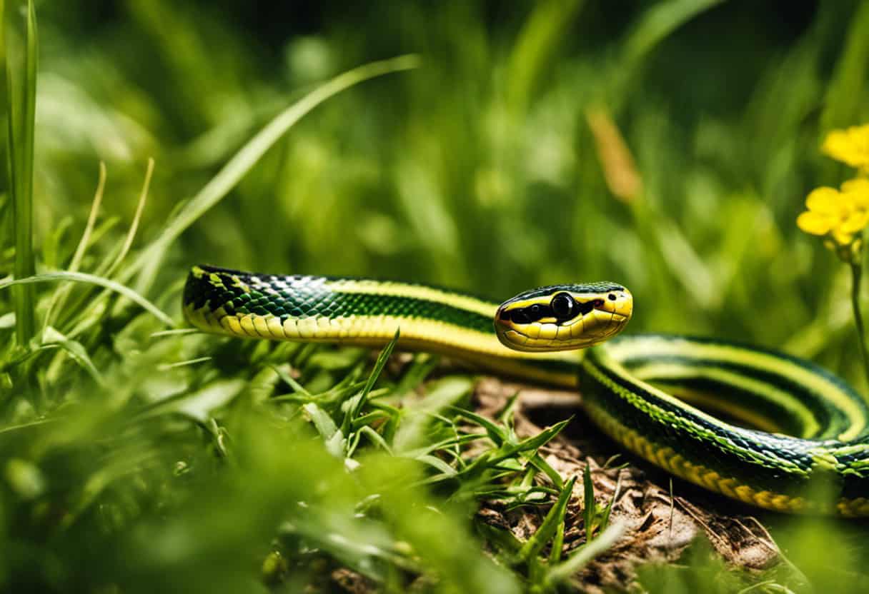 An image showcasing a vibrant garter snake slithering gracefully through a lush, sun-dappled meadow, highlighting its distinct green-and-yellow stripes and slender physique