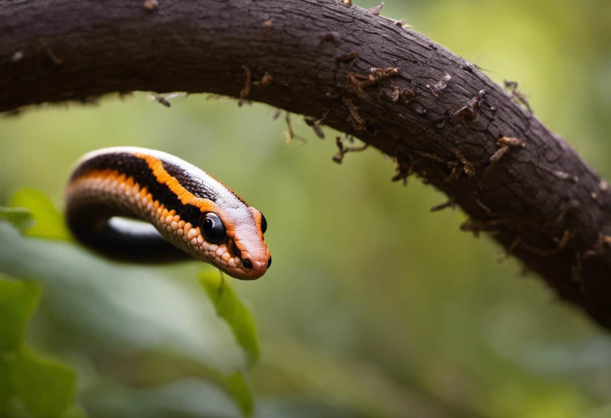 An image showcasing a vibrant Rosy Boa, coiled around a branch in its natural habitat