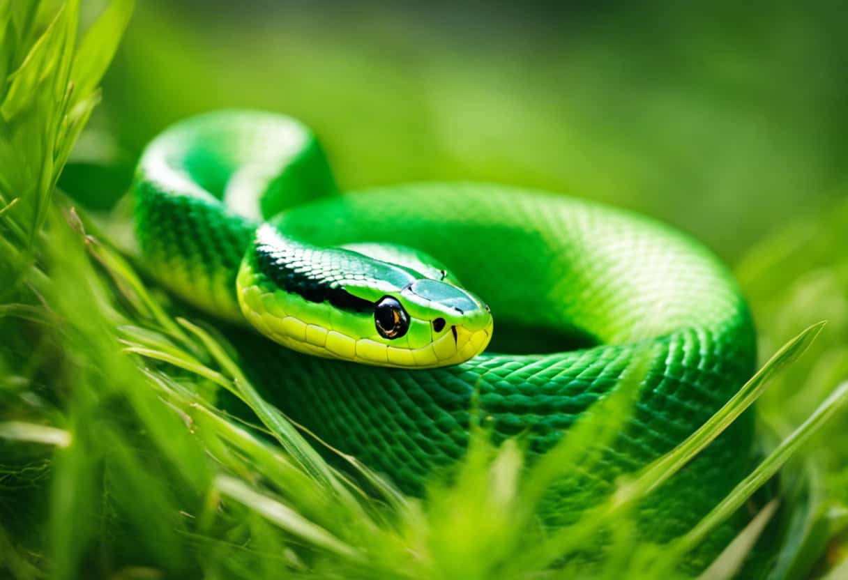 An image featuring a vibrant Smooth Green Snake, its slender body coiled amongst lush green grass
