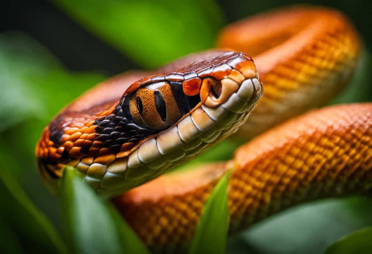 An image showcasing the exquisite pattern of a vibrant orange Corn Snake, slithering through a lush green garden, poised to strike at a delicate butterfly fluttering nearby, highlighting its prowess as a bug-eating specialist