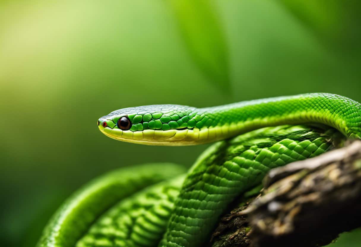 -up view of a vibrant Rough Green Snake, blending seamlessly with its leafy green surroundings