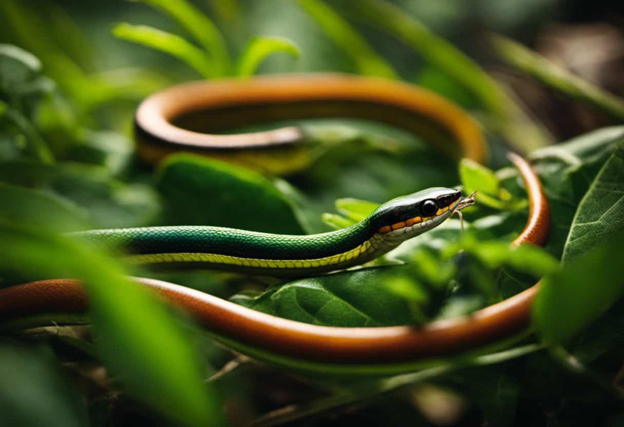 An image showcasing a vibrant Ribbon Snake poised on a bed of lush green leaves, its slender body coiled around a delicate branch, while a variety of bugs, including beetles, ants, and grasshoppers, crawl nearby