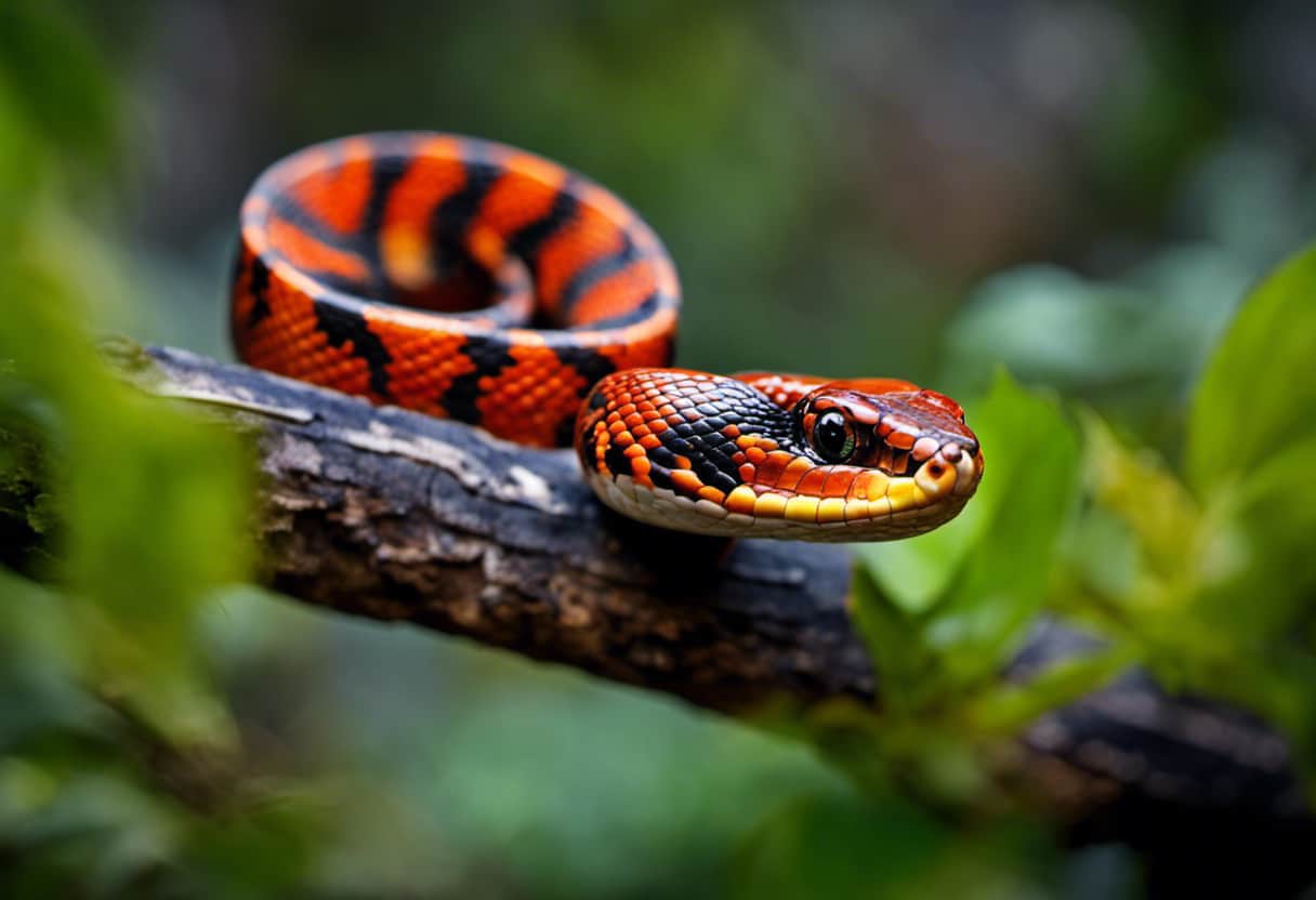 An image showcasing the vibrant patterned scales of a Corn Snake, elegantly coiled on a tree branch