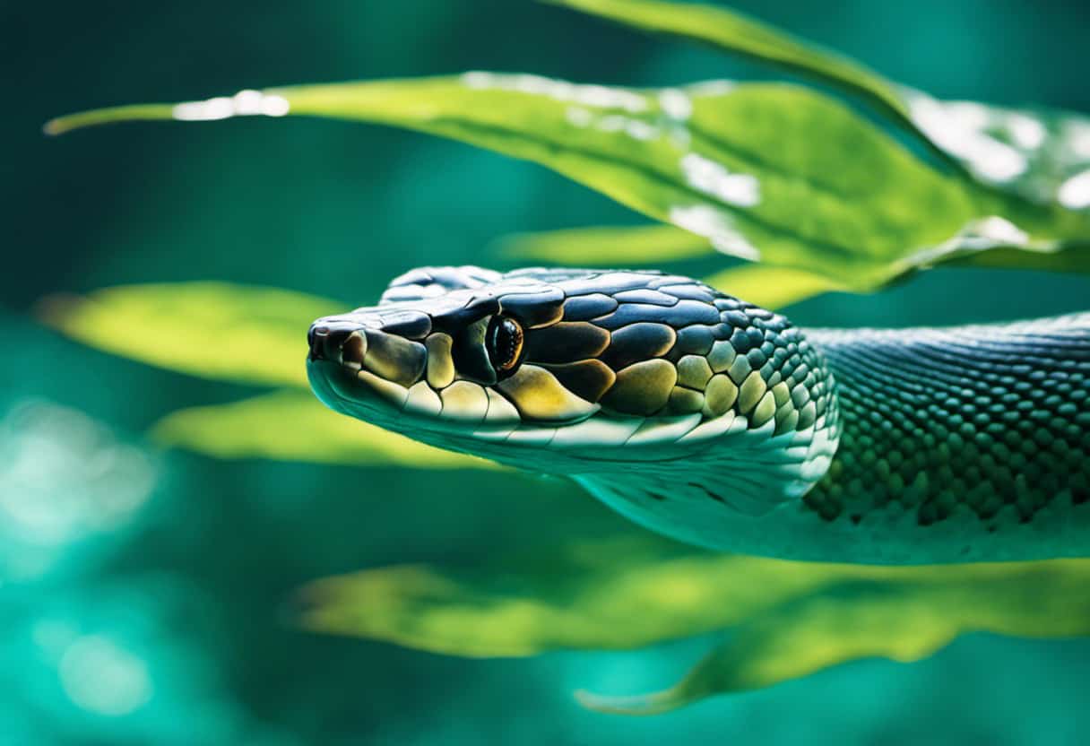 An image capturing the elegance of a Water Snake, gliding effortlessly through shimmering turquoise waters, its slender body adorned with vibrant scales reflecting the sunlight, showcasing the beauty of this non-venomous serpent