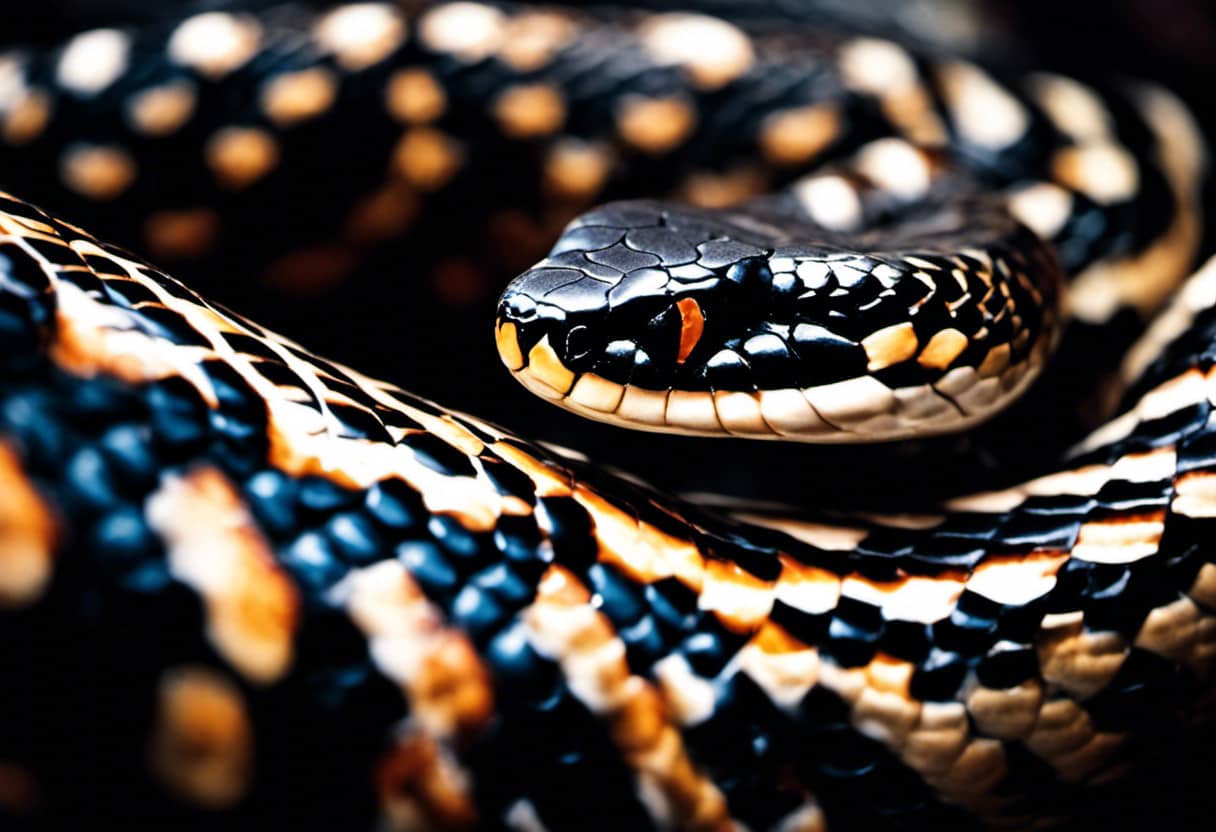 An image showcasing the vibrant pattern of a King Snake, its glossy black scales contrasting with bold white bands