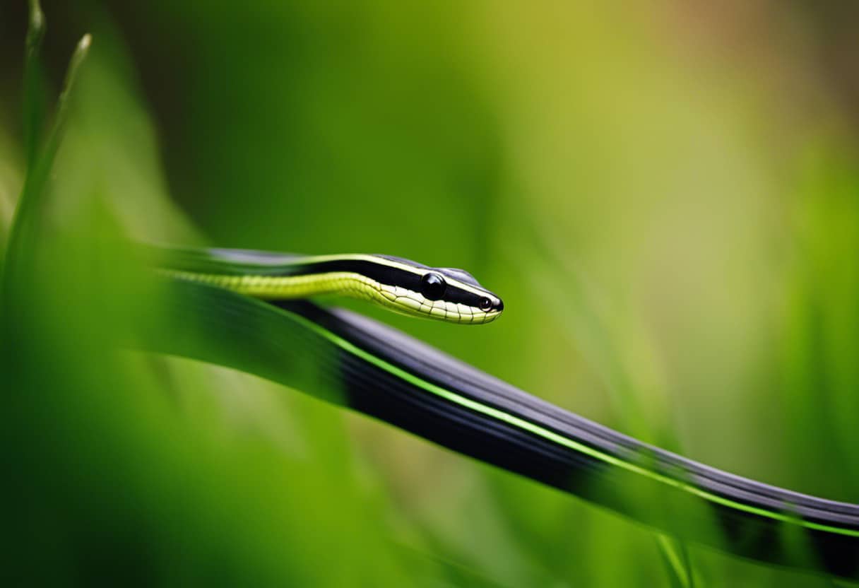 An image showcasing the sleek and slender body of a Ribbon Snake, its bold black stripes contrasting against its vibrant green scales