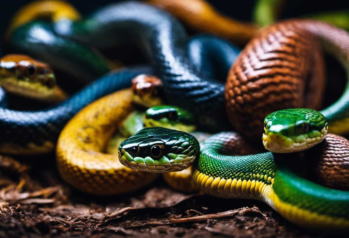 An image showcasing nine diverse snakes in various sizes and colors, each giving birth to live young