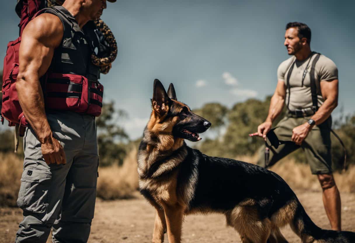 An image capturing the intensity of a snake avoidance training session: a focused German Shepherd, ears perked, staring intently at a coiled king snake slithering nearby, while a professional trainer stands by, guiding the dog's reaction