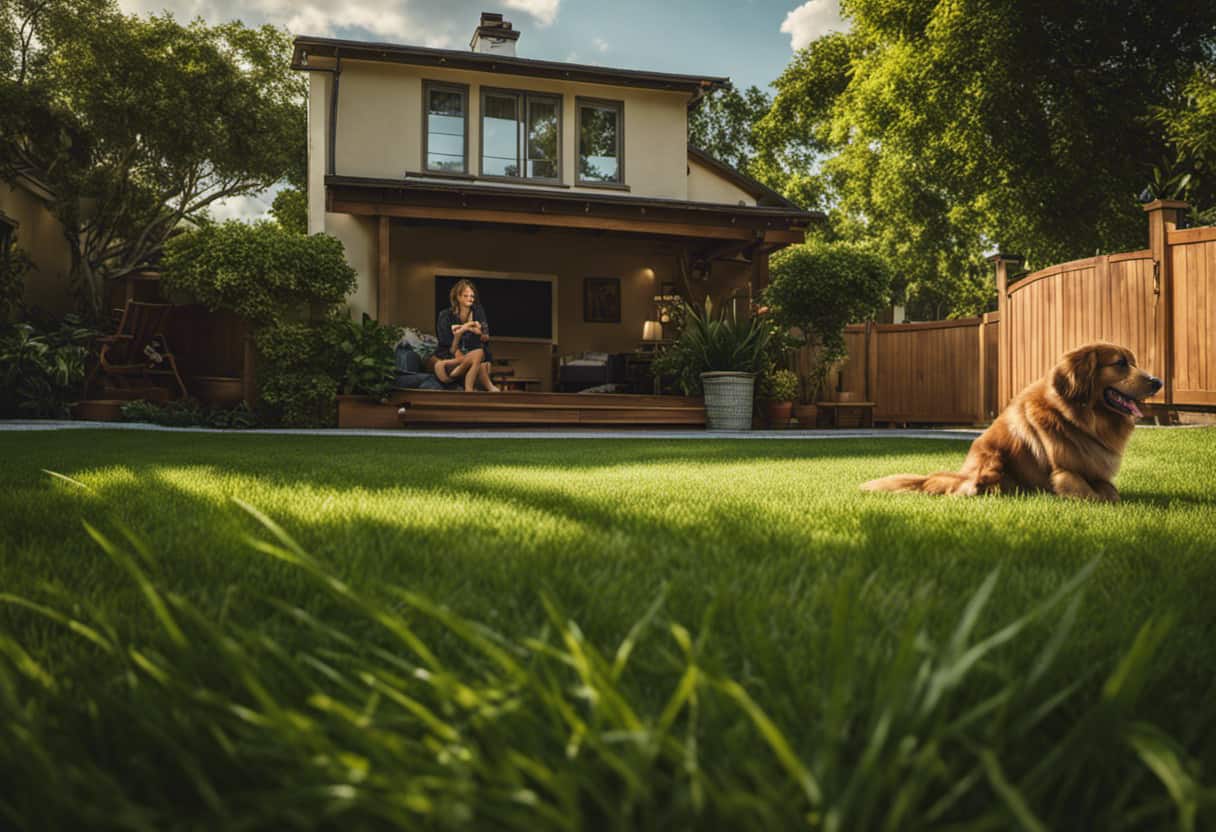 An image capturing a serene backyard scene, where a vigilant dog owner carefully observes their furry friend playing near lush green grass