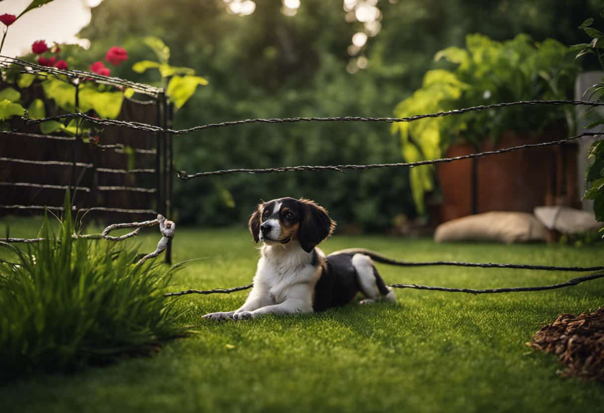 An image depicting a serene backyard oasis with a sturdy, escape-proof fence, lush greenery, and a designated play area for dogs, while showcasing a harmless king snake slithering peacefully nearby, emphasizing coexistence and safety