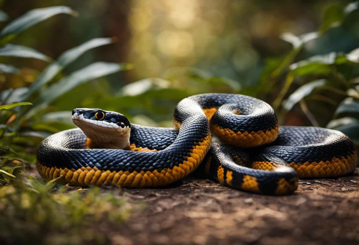 An image depicting a peaceful scene of a relaxed king snake coiled next to a content dog, showcasing their non-threatening nature