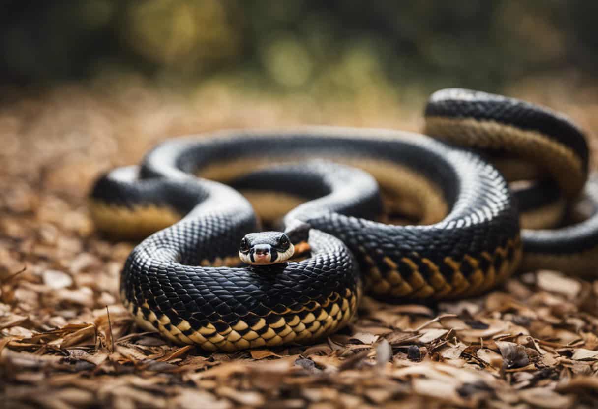 An image showcasing a playful King Snake coiled up next to a relaxed dog, debunking the misconception that King Snakes are dangerous to dogs