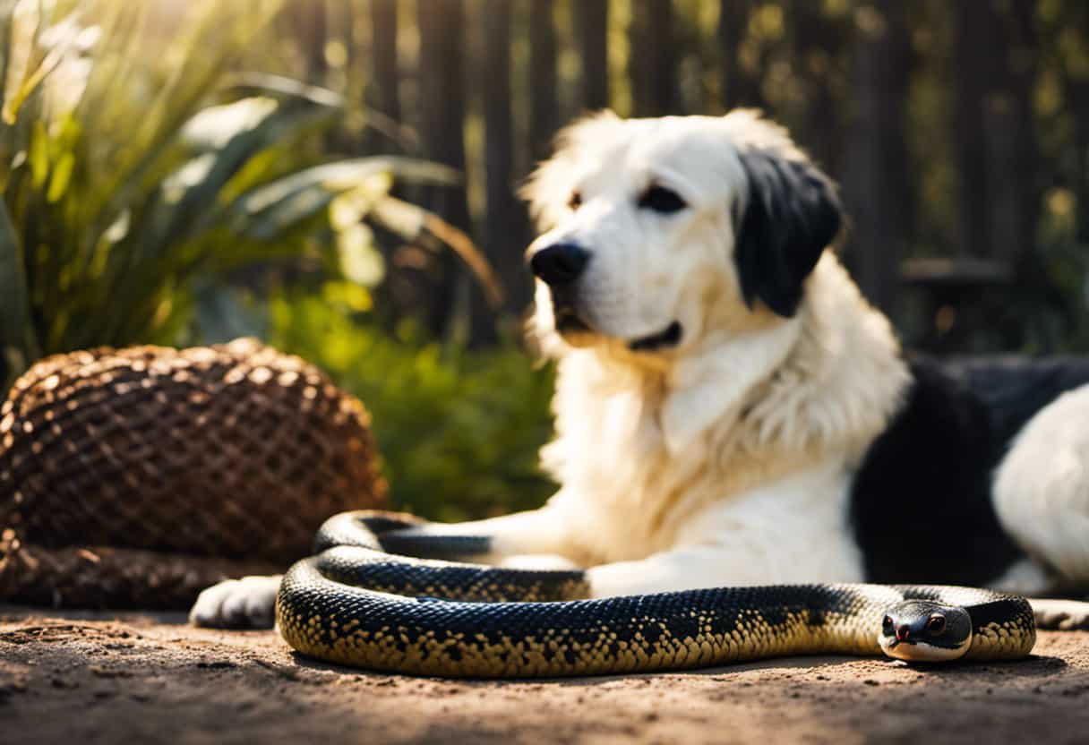 An image showcasing a peaceful backyard scene: a content King Snake basking in the sun, while a relaxed dog rests nearby