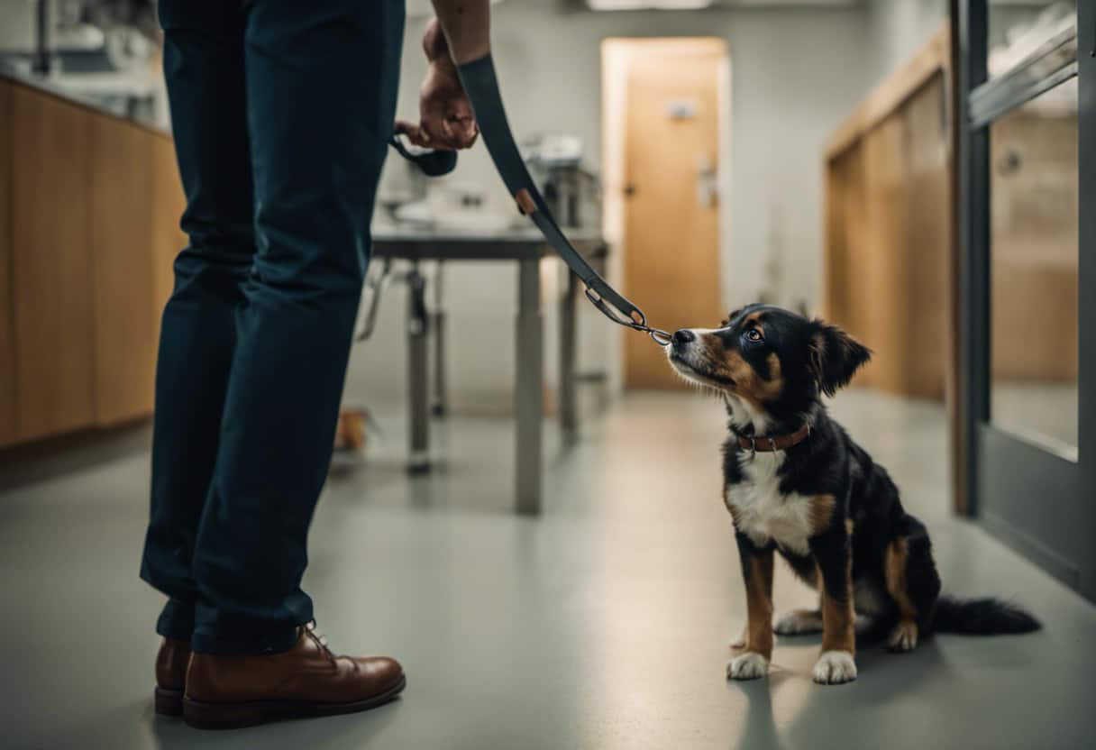An image depicting a tense moment in which a worried dog owner rushes their bitten pup to the vet, emphasizing the urgency with a blurred background, focused expressions, and a sense of motion