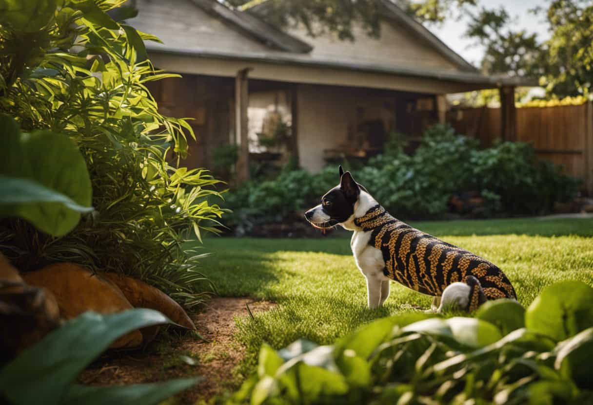 An image showcasing a serene backyard scene with a vigilant dog curiously observing a vibrant, patterned king snake slithering beneath a leafy shrub, highlighting the potential dangers these reptiles may pose to our furry companions