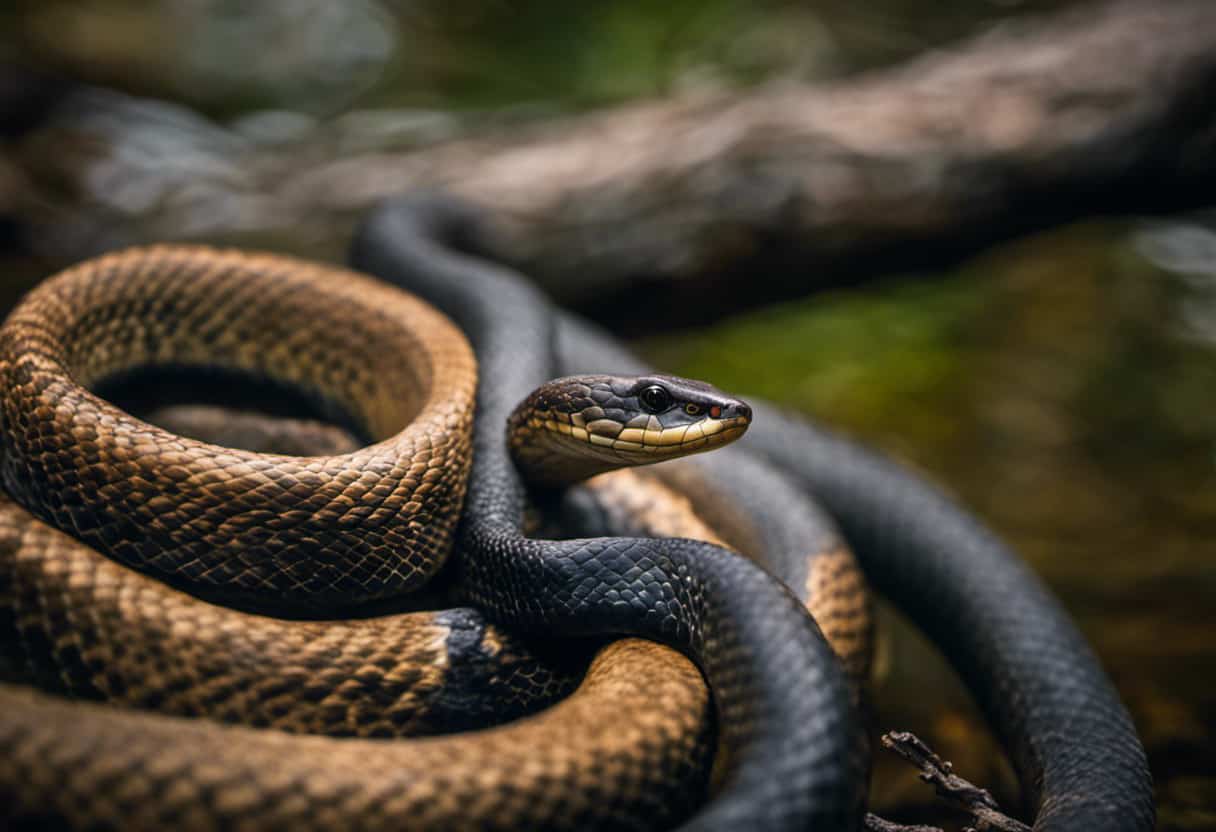 An image showcasing a close-up of a Northern Water Snake coiled around a tree branch near a calm river, displaying its distinct pattern and alert gaze, encouraging readers to explore their behavior