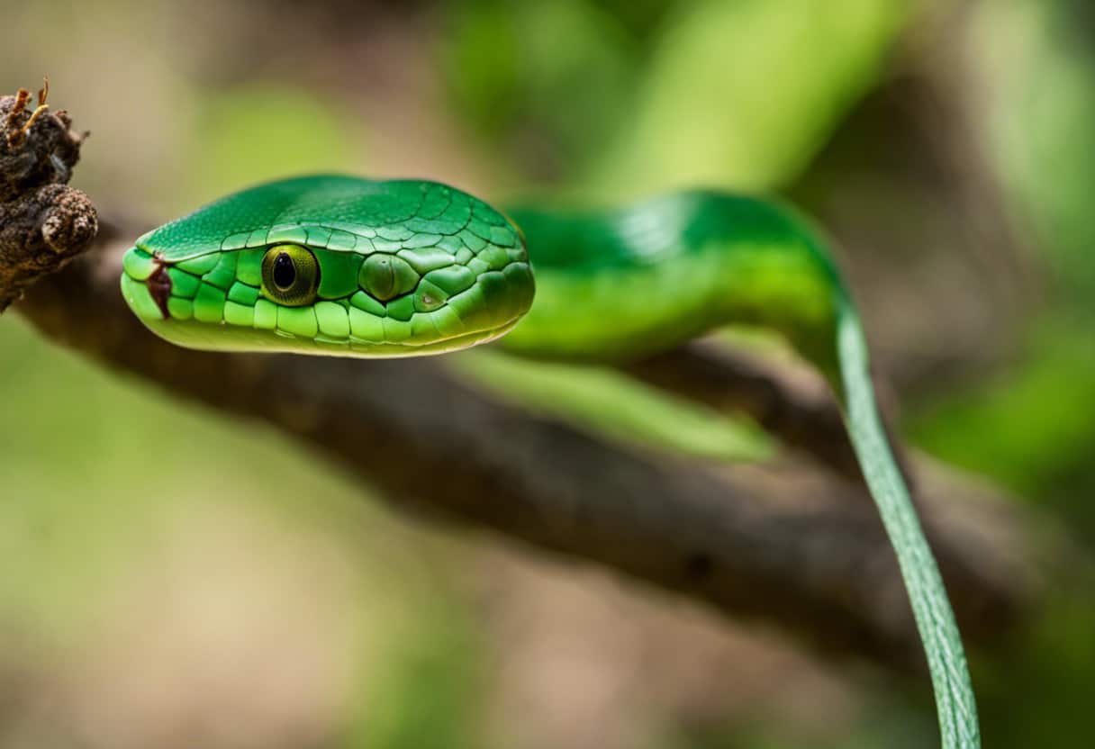  the intricate moment of a Rough Green Snake, poised on a slender branch, its slender body coiled around a delicate twig as it devours a plump grasshopper with its agile jaw, showcasing their unique feeding habits