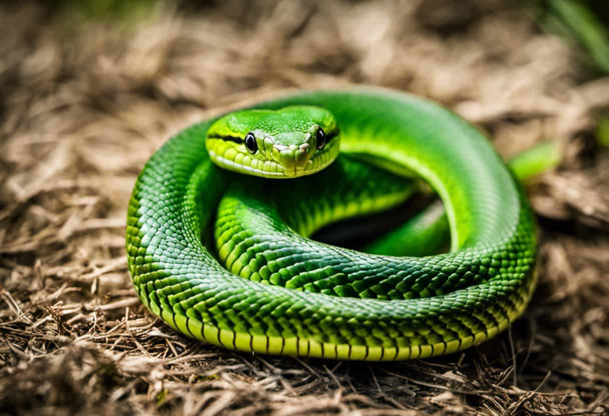 An image showcasing the intricate pattern of a vibrant green Rough Green Snake, coiled in a defensive posture with its mouth agape and tongue flicking, highlighting its non-venomous nature
