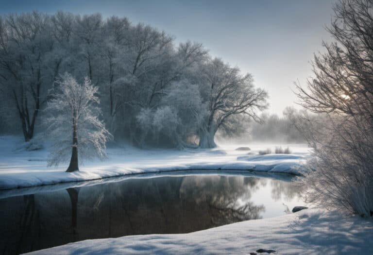 An image showcasing a serene winter landscape, with frost-covered trees and a partially frozen pond