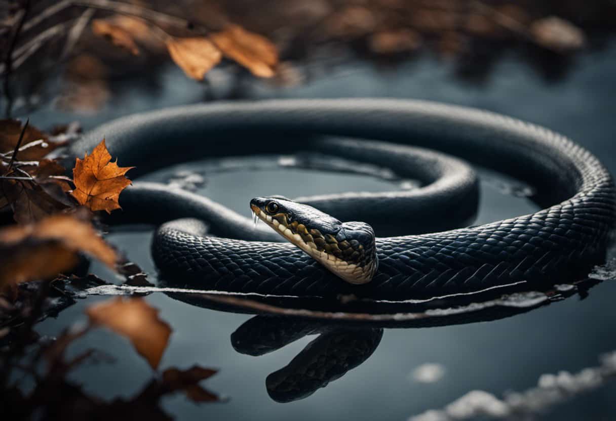 An image showcasing a snake coiled around a partially frozen pond, its jaws stretched wide, capturing a plump fish