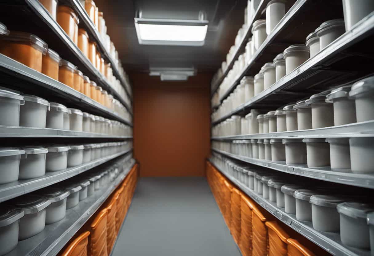 An image depicting a well-organized storage space with tightly sealed containers, elevated shelves, and secure lids