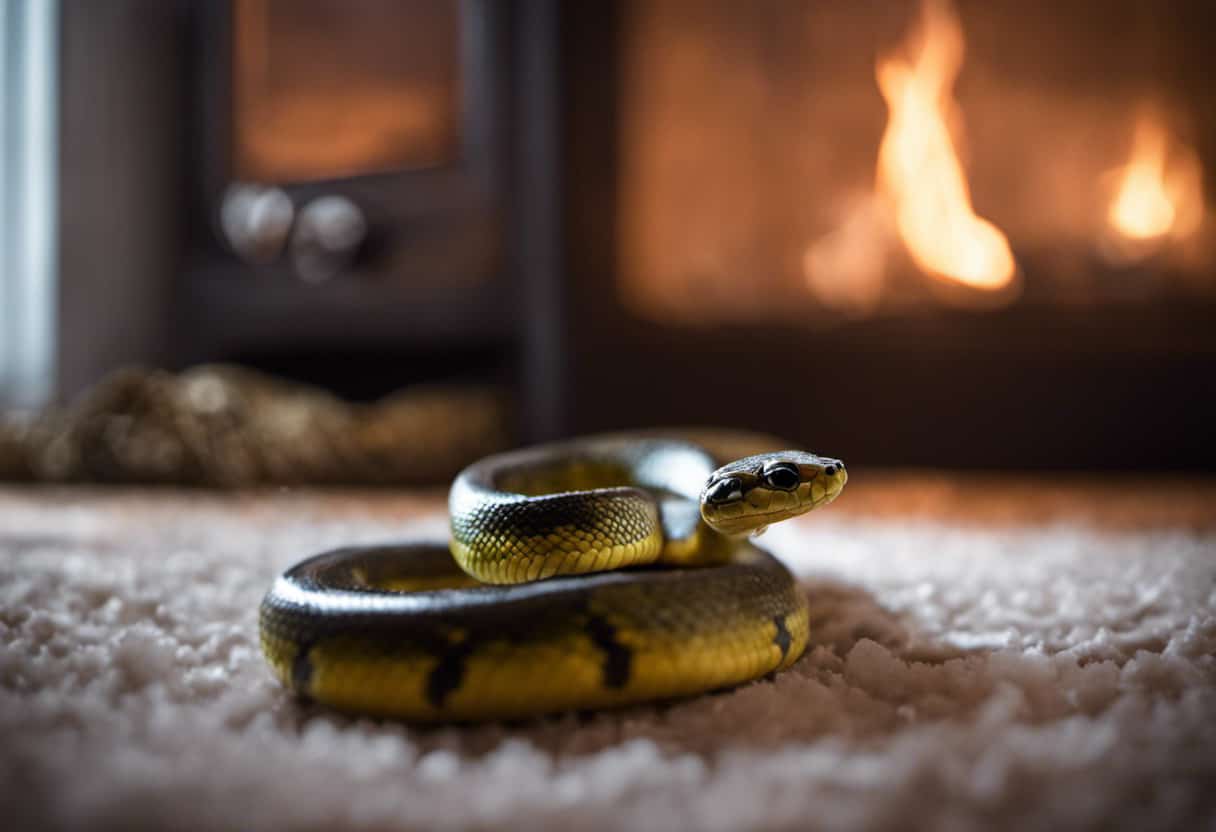 A vivid image showcasing a cozy home interior during winter, with a pest control professional sealing entry points, while in the background, a snake slithers away, highlighting the importance of pest control in preventing snake infestations