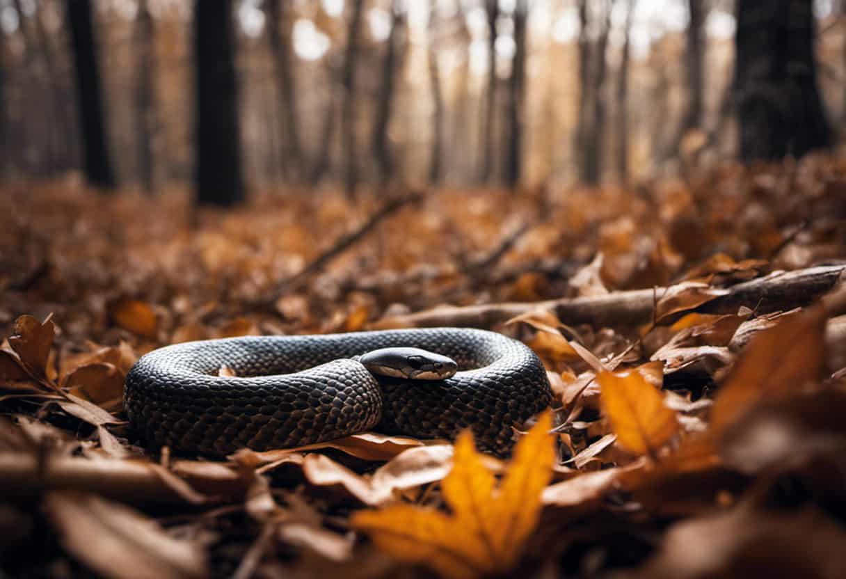  Create an image showcasing a serene winter landscape with a hibernating snake nestled among fallen leaves, highlighting the symbiotic relationship between landscape management and the preservation of snake habitats
