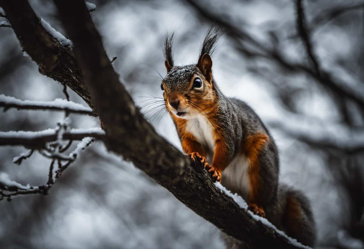 An image capturing a close-up of a wide-eyed squirrel perched on a tree branch, frozen in fear, while a curious and cautious cat sits below, both animals locked in a tense stare