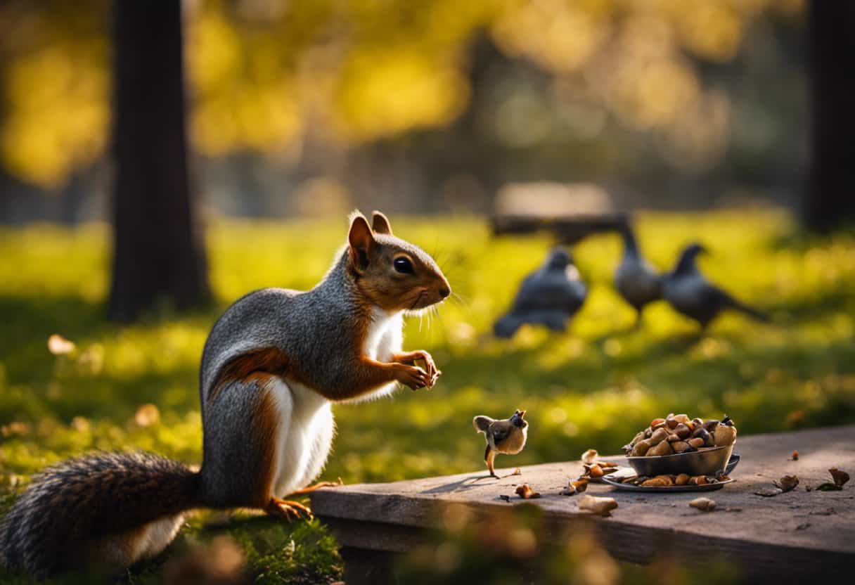 An image depicting a peaceful scene of a person peacefully feeding birds in a serene park, while a squirrel observes from a safe distance