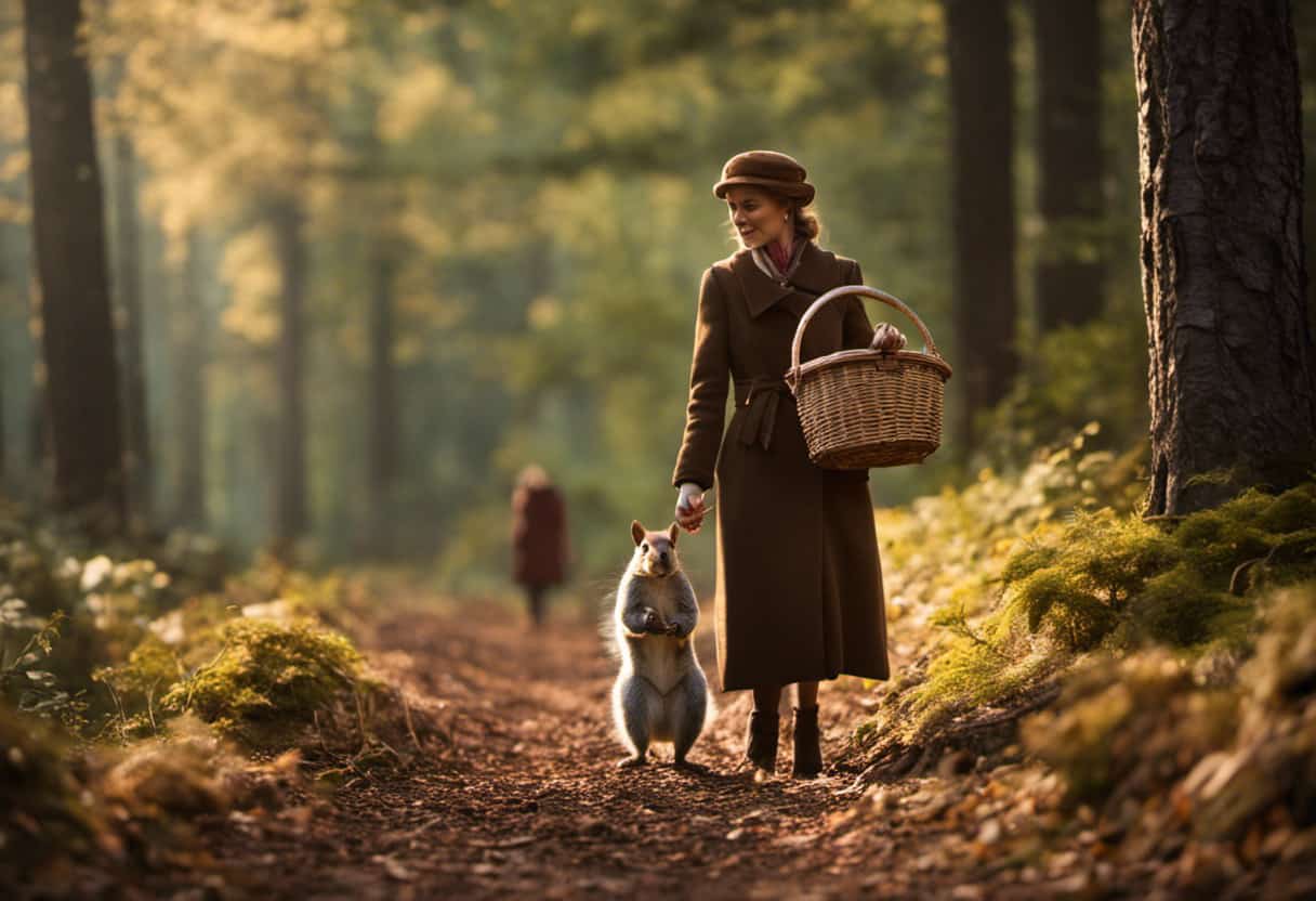 An image of a person calmly walking on a forest trail, a cautious smile on their face, as they hold a picnic basket in one hand and keep their distance from a curious squirrel standing on its hind legs nearby