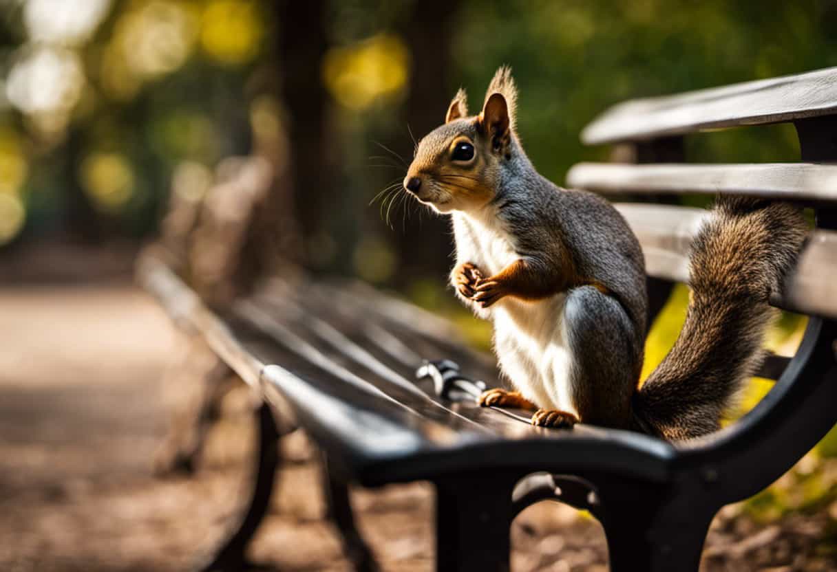 An image capturing the serene moment of a squirrel perched on a park bench, observing a human from a safe distance, showcasing their curious and cautious behavior towards humans