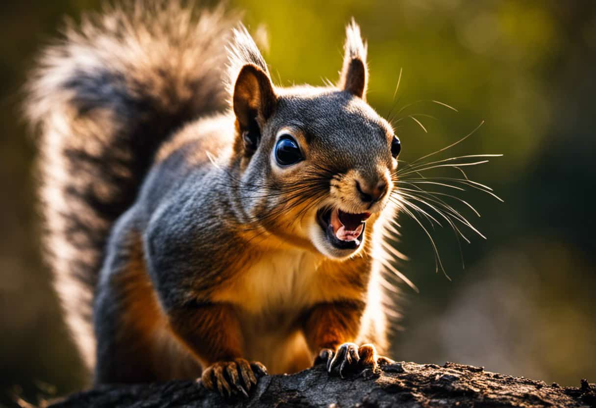 An image capturing a close-up of a squirrel baring its teeth, with raised fur on its back, tail up in an aggressive posture, glaring at a human