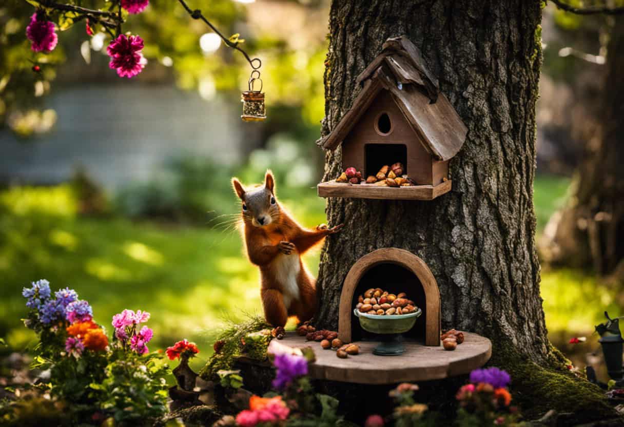 An image showcasing a lush backyard filled with vibrant, squirrel-friendly elements: a towering oak tree with squirrel nests, strategically placed feeders brimming with nuts, and colorful flowers attracting these playful creatures