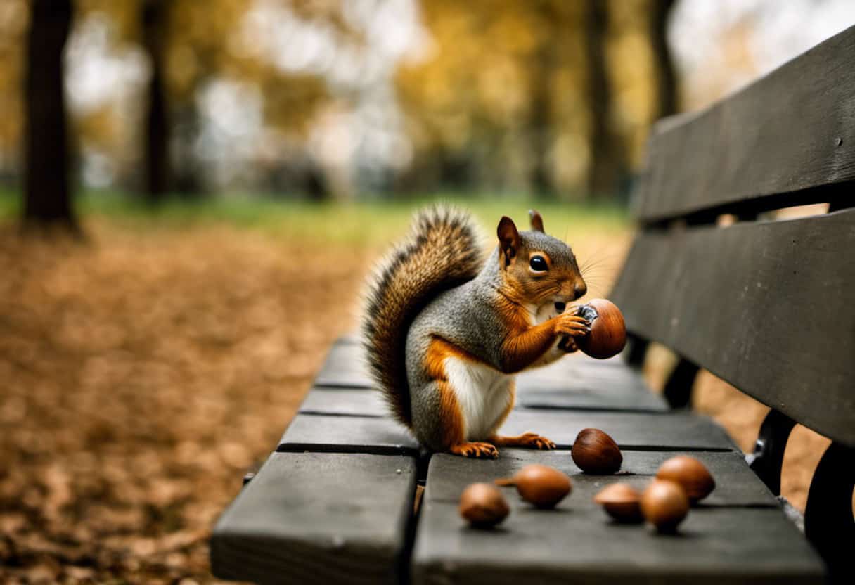 An image featuring a person sitting on a park bench, calmly handing a squirrel a small nut