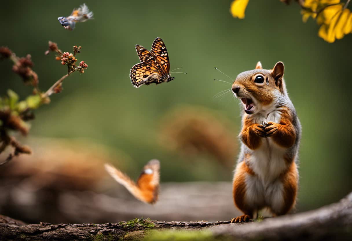 An image capturing a squirrel playfully chasing a butterfly, while nearby birds peacefully perch on branches, showcasing the harmonious interactions between squirrels and other animals in their natural habitat