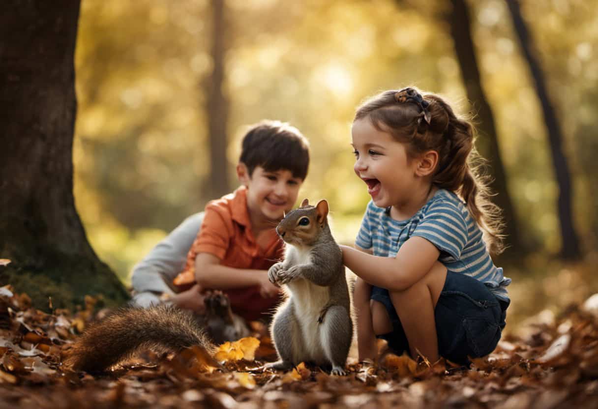 An image depicting a cheerful family surrounded by playful squirrels, showcasing the pros and cons of having squirrels as pets