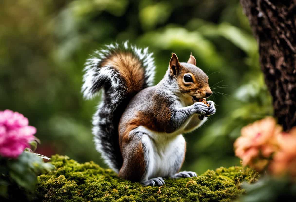 An image that captures the essence of squirrel behavior by featuring a close-up shot of a squirrel peacefully nibbling on a nut, surrounded by a picturesque background of lush foliage and vibrant flowers