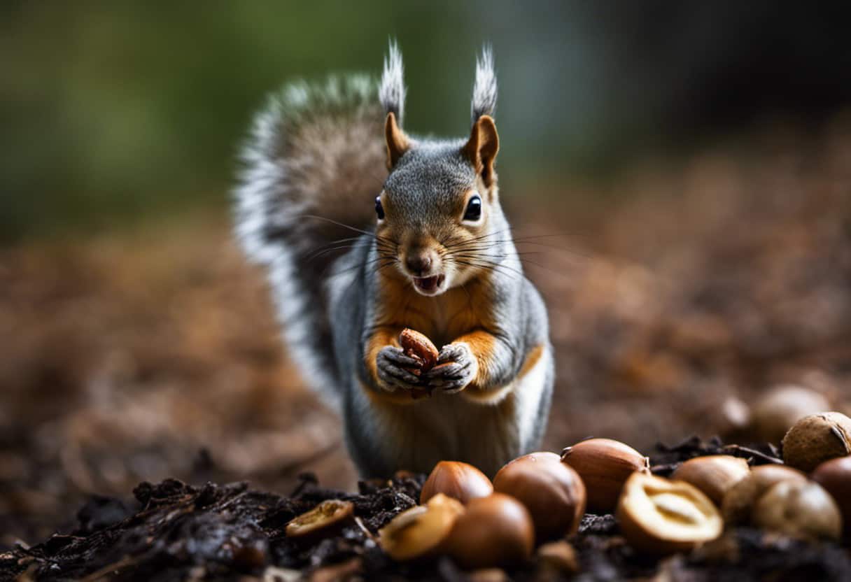  an image that captures the intensity of a squirrel's biting behavior: focus on a close-up shot of a squirrel's sharp teeth sinking into a nut, showcasing the potential danger of interacting with these seemingly innocent creatures
