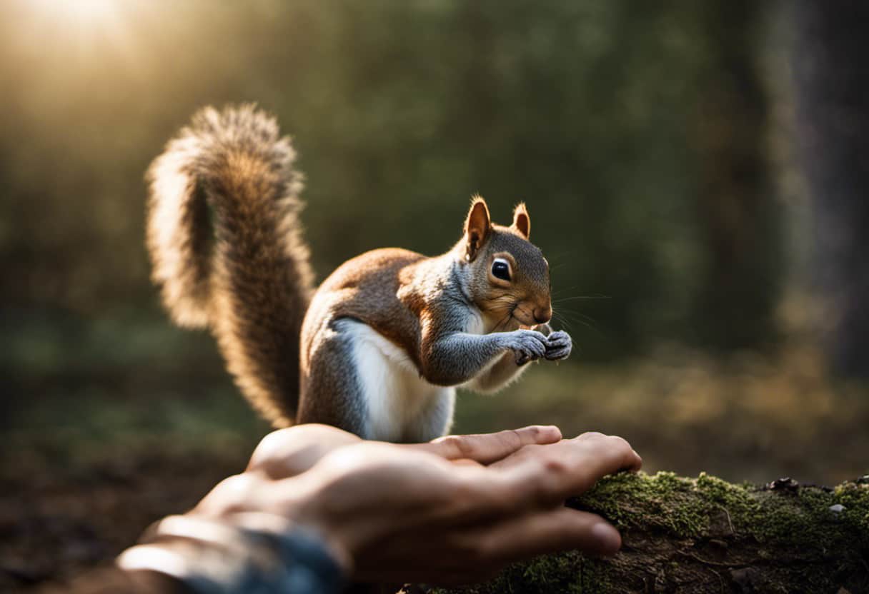 An image of a person cautiously extending their hand towards a squirrel, while the squirrel defensively arches its back, tail raised, and bares its sharp teeth, highlighting the potential physical harm that squirrels can cause