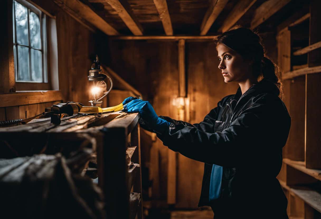 An image showcasing a person wearing gloves while gently sealing a small gap in their attic, with a determined expression
