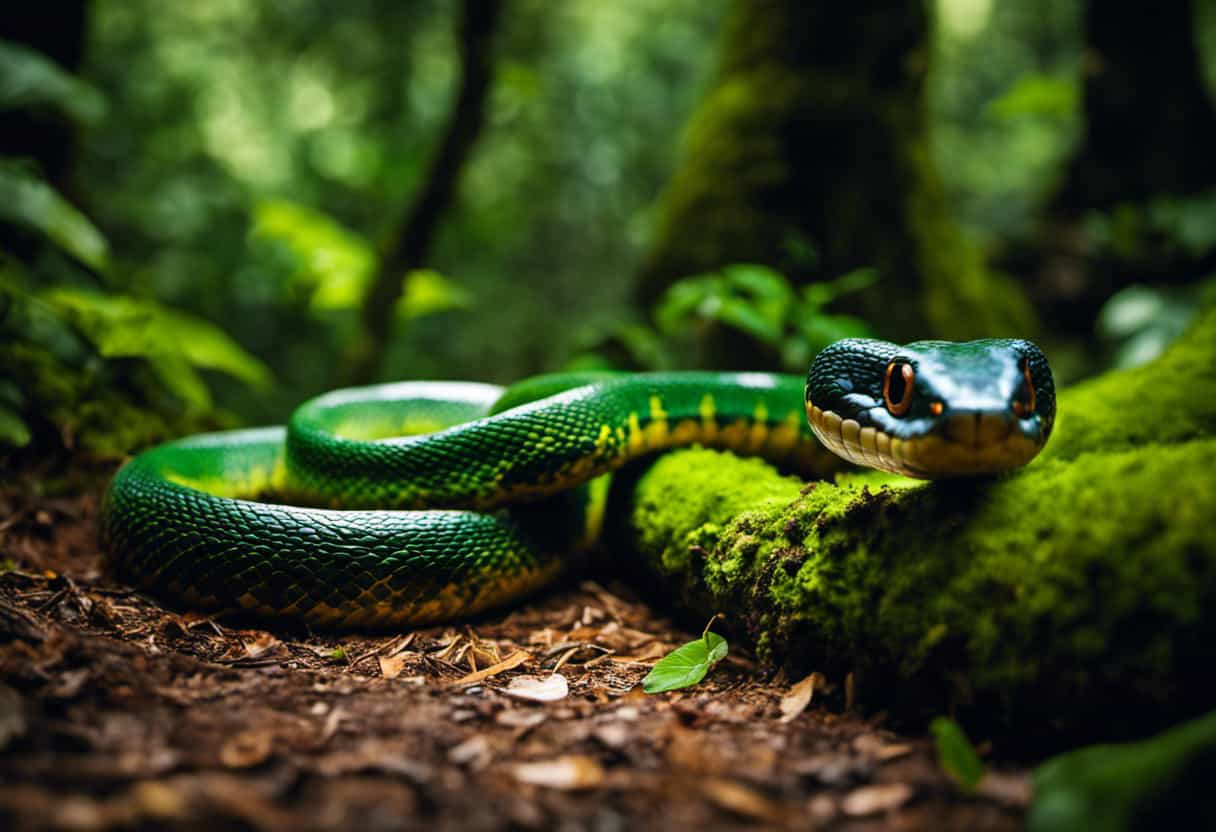 An image depicting a lush rainforest scene with a vibrant snake coiled around a fallen tree, showcasing its impressive size and ability to swallow a large rodent, emphasizing the ecological importance of snakes as apex predators