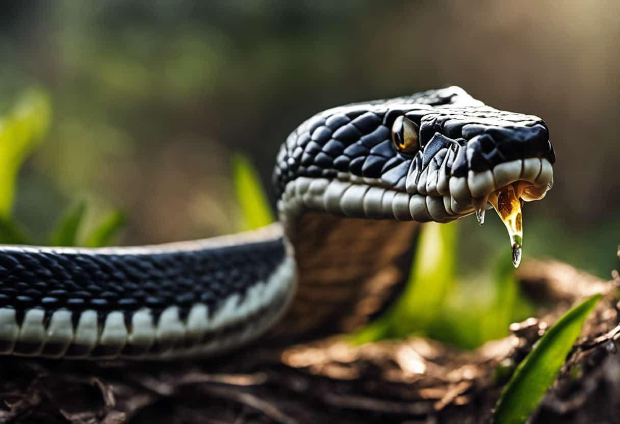 An image depicting a snake's jaw structure limitations, showcasing a snake attempting to consume a large prey, such as a deer or a crocodile, with its unhinged jaw visibly straining at its maximum capacity