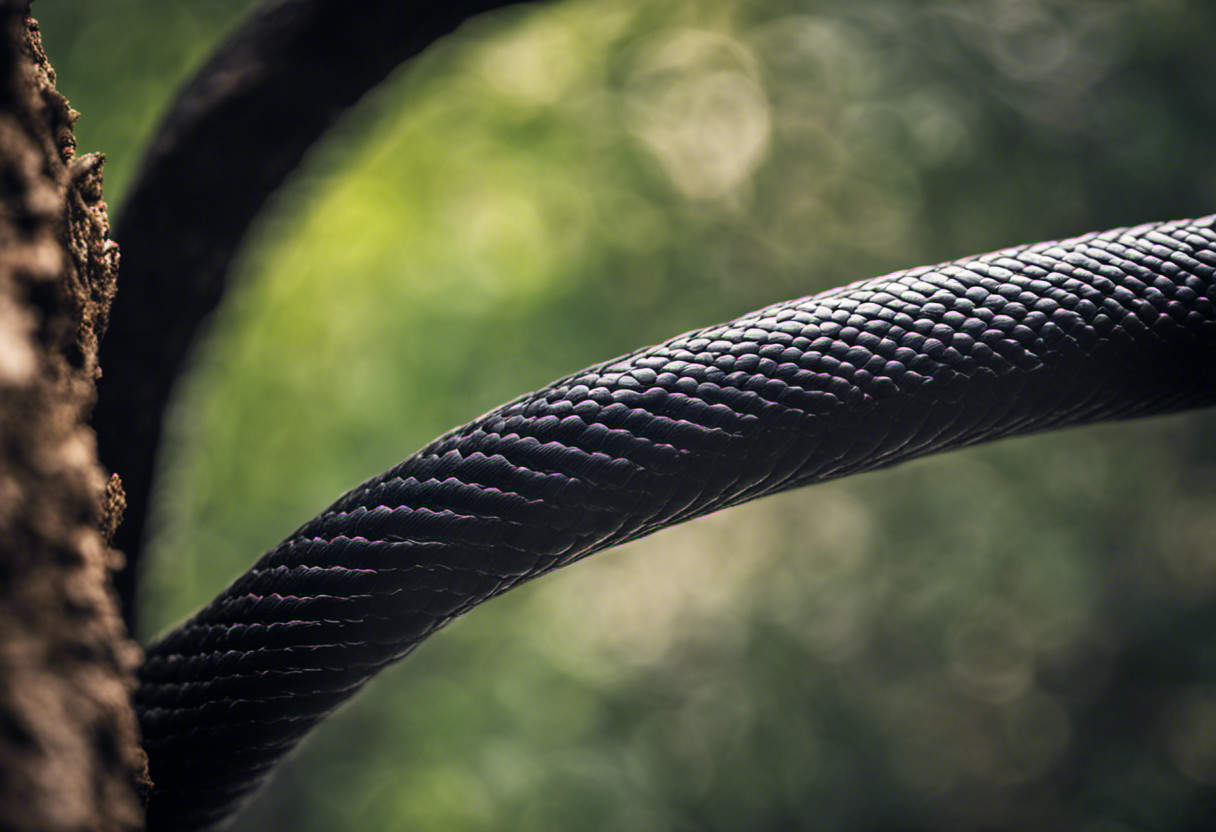  the astonishing climbing prowess of black snakes with an image of a sleek, ebony serpent gracefully coiled around a vertical tree trunk, effortlessly defying gravity as it slithers towards the sky