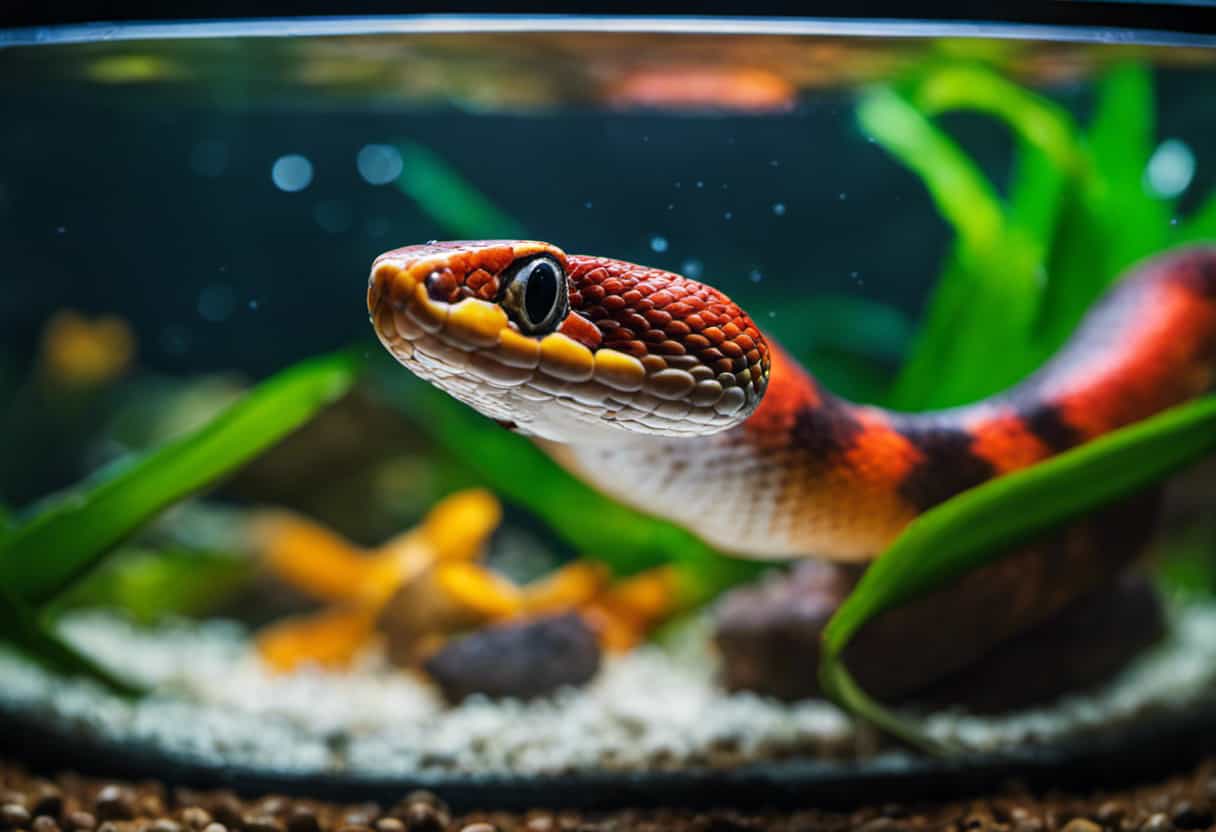 An image depicting a vibrant corn snake poised near a fish tank, with a variety of fish swimming inside